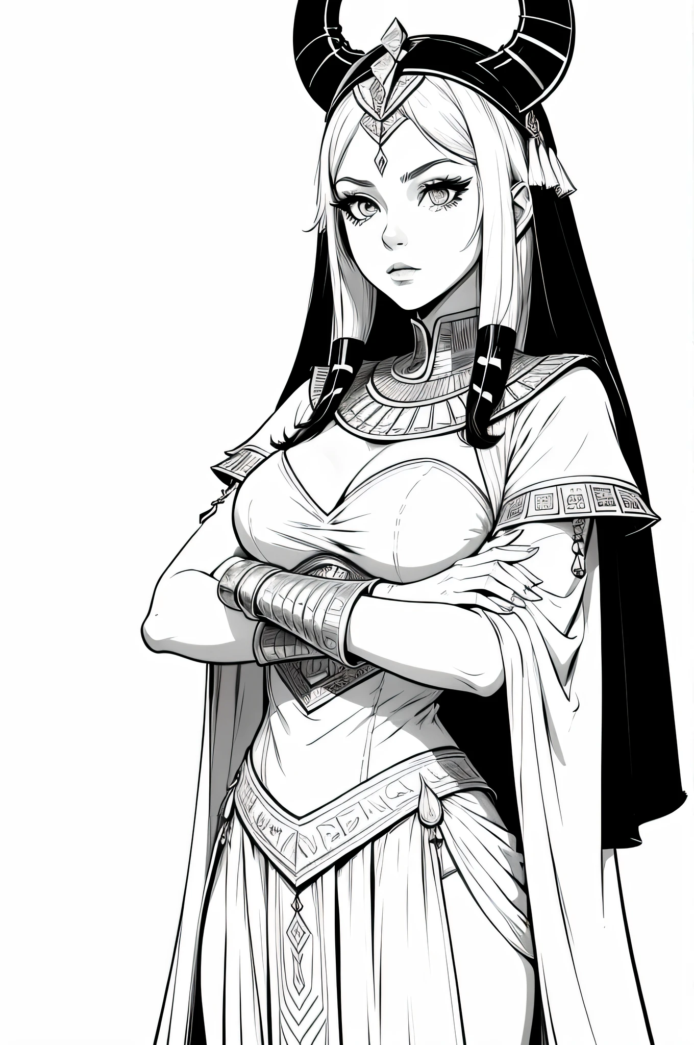 Pharaoh girl, crossed arms, white hair, white objects, white ancient egypt outfit, simple white background, lineart, black and white, b&w
