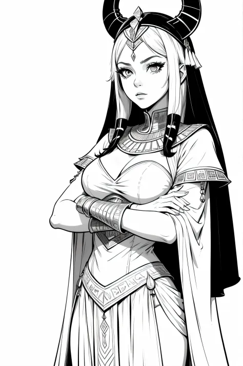 Pharaoh girl, crossed arms, white hair, white objects, white ancient egypt outfit, simple white background, lineart, black and w...