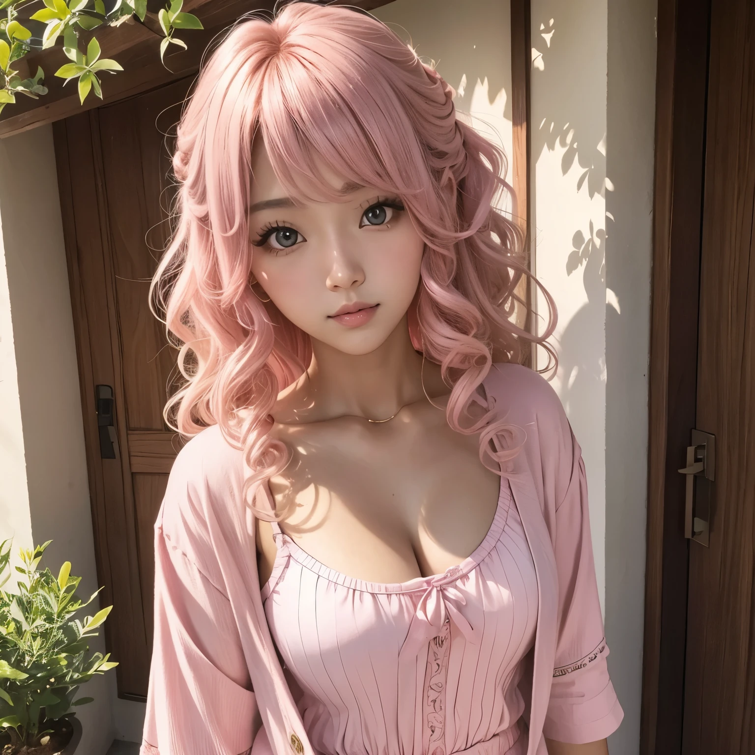 Pink, curly haired Genshin girl with tanned skin and light pink shaded eyes