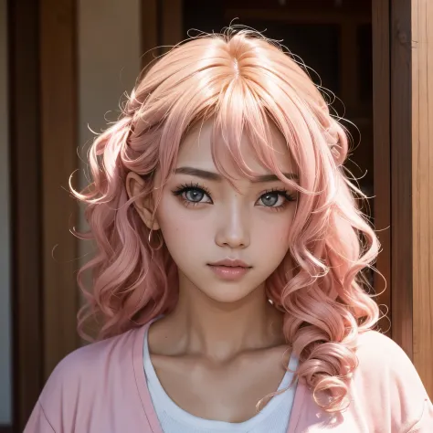 Pink, curly haired Genshin girl with tanned skin and light pink shaded eyes