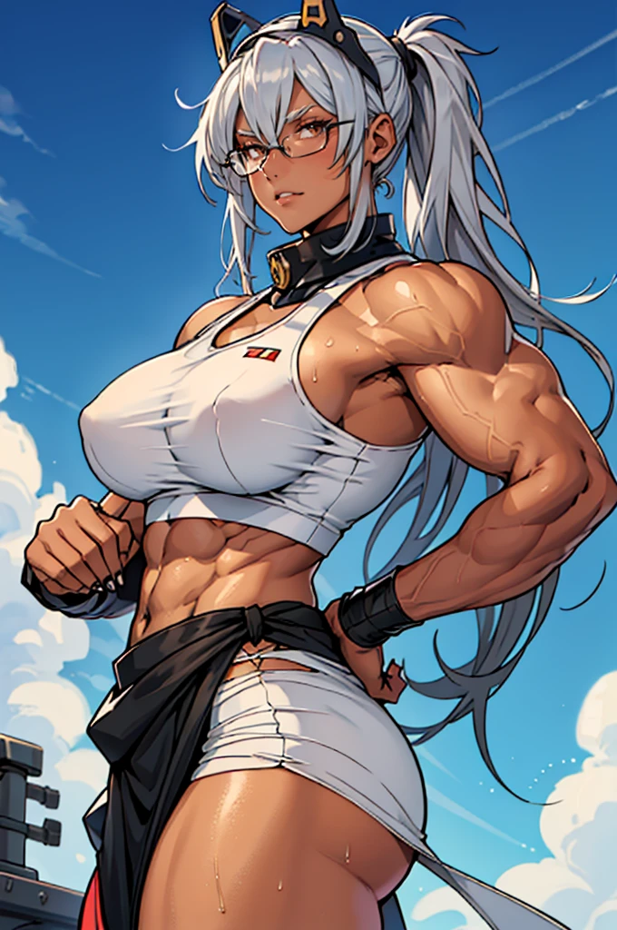 Beautiful, masterpiece, highest quality, detailed image, (武蔵_カンタイコレクション:1.15), (Kantai Collection_Musashi close-up), (((bust portrait))), (1 Muscle girl:1.4), (Female body builder:1.3), (Tall woman) , Muscles, Muscles, (Muscular body:1.1, Muscular abs:1.1, muscular waist:1.1 Muscular legs:1.1, Muscular arms:1.1, Whole body thick:1.1), (Toned body:1.1), (Huge butt:1.1), (Smooth Dark skin:1.1), (brown woman, dark skin, glasses, super long hair, silver hair, twintails, hair between the eyes, headgear, huge breasts, long eyelashes, silver eyebrows, red eyes, half rimless glasses, black nails), anger, Embarrassment, pure white bandage wrapped around the chest, rigged clothes, (background, military base, military facility)