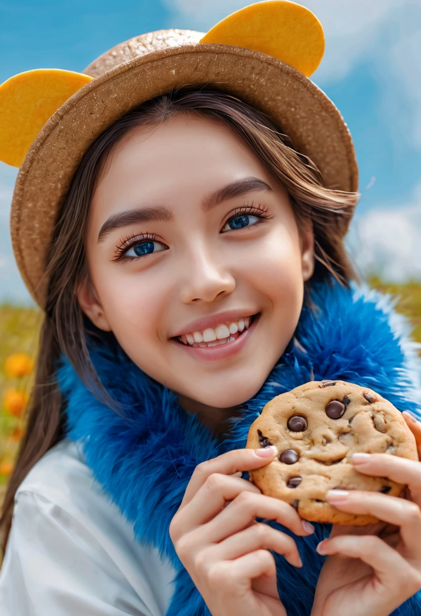 (best quality,4k,8k,highres,masterpiece:1.2),ultra-detailed,portraits,girl with cookie-shaped hat,blue fur,amazing scenery of a cookie factory,delicious chocolate chip cookies,freshly baked cookies filling the air with a mouth-watering aroma, vibrant colors,soft natural lighting,temperate weather,butterfly flying around the girl,cookies falling from the sky,sparkling smile from the girl,happiness and joy in her eyes,carefully sculpted facial features,long flowing hair,graceful pose,enchanting charm.