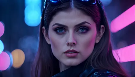 close-up portrait cinematic photo of a beautiful cyberpunk lookalike of Alexandra Daddario with neon lights in a futuristic Japa...
