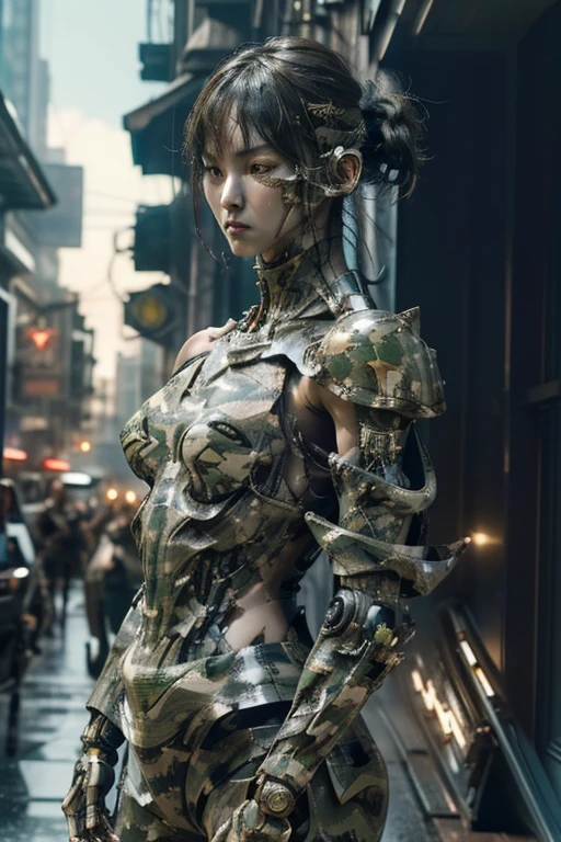 extremely detailed CG unity 32K wallpaper, top quality, masterpiece, raw photo, photorealistic, highest resolution, professional photo, dynamic, cinematic lighting, (cyberpunk:1.4), science fiction, sharp focus, depth of field, (perfect body, correct anatomy:1.5), intricately detailed face, expressive face, POV, (from front:1.3), 1 girl, Japanese woman, ((female soldier:1.3)), mecha-musume, solo, cowboy shot, black hair, short hair, ultra-realistic skin, detailed skin, tan, (dark and bright eyes:1.4), highly detailed nose and lips, (innocent face:1.2), ((camouflaged, combat uniform:1.5)), (slender, medium breast:1.5), ((powered suit, mechanical body armor:1.4)), perfect body proportion, weaponize exoskeleton, the girl's body is highly weaponized, (((in combat with hostile militias:1.2))), (((1 main gun is attached to the girl's right shoulder:1.5))), (((outdoor, battlefield, vandalize town, noon:1.3)))