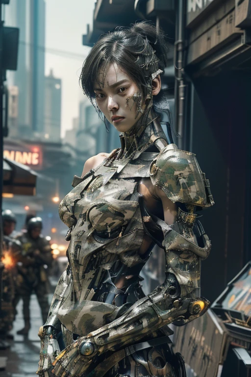 วอลล์เปเปอร์ CG Unity 32K ที่มีรายละเอียดมาก, คุณภาพสูงสุด, ผลงานชิ้นเอก, ภาพถ่ายดิบ, เหมือนจริง, ความละเอียดสูงสุด, ภาพถ่ายมืออาชีพ, พลวัต, แสงภาพยนตร์, (ไซเบอร์พังค์:1.4), นิยายวิทยาศาสตร์, โฟกัสคมชัด, ความชัดลึก, (ร่างกายที่สมบูรณ์แบบ, กายวิภาคศาสตร์ที่ถูกต้อง:1.5), ใบหน้าที่มีรายละเอียดซับซ้อน, ใบหน้าที่แสดงออก, โยน, (จากด้านหน้า:1.3), ผู้หญิง 1 คน, ผู้หญิงญี่ปุ่น, ((ทหารหญิง:1.3)), Mecha-Musume, ตามลำพัง, ยิงคาวบอย, ผมสีดำ, ผมสั้น, ผิวที่สมจริงเป็นพิเศษ, ผิวละเอียด, สีแทน, (ดวงตาที่มืดและสว่าง:1.4), จมูกและริมฝีปากที่มีรายละเอียดสูง, (ใบหน้าที่ไร้เดียงสา:1.2), ((อำพราง, ชุดต่อสู้:1.5)), (ผอมบาง, เต้านมขนาดกลาง:1.5), ((ชุดขับเคลื่อน, ชุดเกราะกล:1.4)), ร่างกายที่สมบูรณ์แบบ proportion, สร้างอาวุธให้รพ, ร่างกายของหญิงสาวมีอาวุธสูง, (((ในการต่อสู้กับกองกำลังติดอาวุธที่เป็นศัตรู:1.2))), (((ปืนหลัก 1 กระบอกติดอยู่ที่ไหล่ขวาของหญิงสาว:1.5))), (((กลางแจ้ง, สนามรบ, ทำลายล้างเมือง, กลางวัน:1.3)))