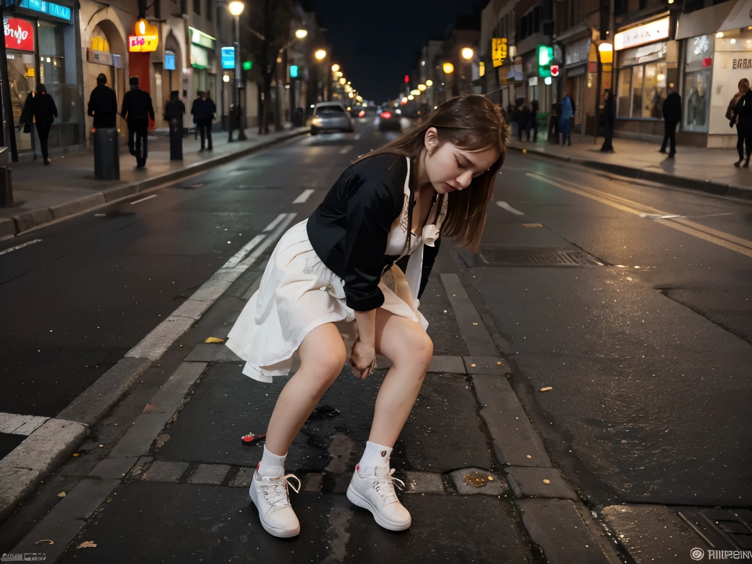 Arafed woman in a white dress and black jacket leaning on a street - SeaArt  AI