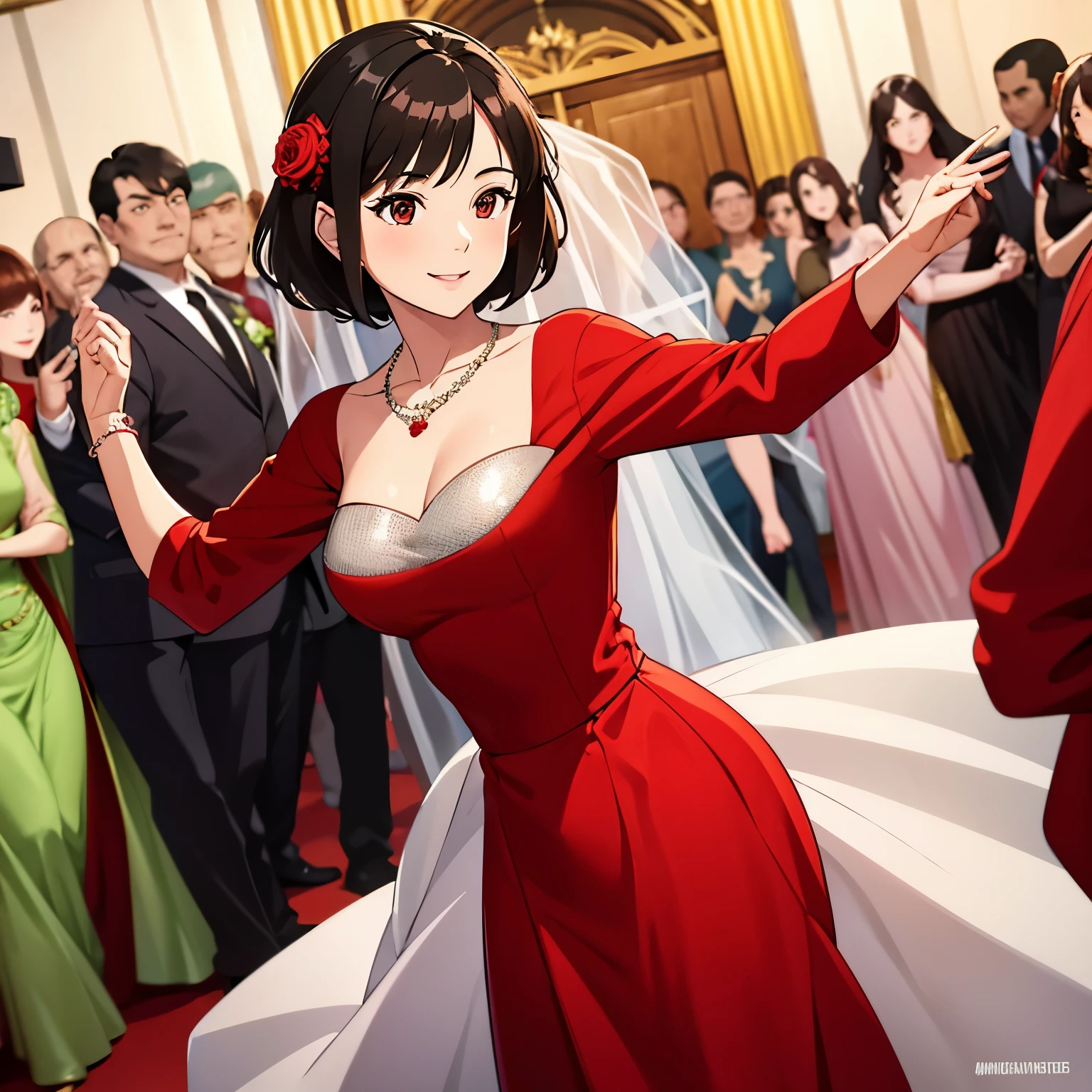 Girl in long red dress , smiling and staying still , looking at the viewer , behind  a crowd that are dancing in a wedding , short  black hair , red brown eyes small silver necklace , 4k , white and green wedding , people dancing , masterpiece, great details,  best quality,  ultra-detailed. 