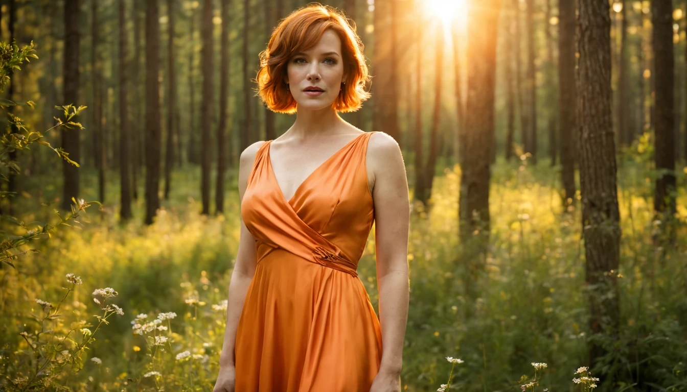 Hermoso girl "Molly Ringwald", vestido de cuerpo entero Vestido de seda naranja delicado y hermoso，detalles，siendo realista，Fotografía hiperrealista，8k hd，cámara réflex digital，El sol brilla en el bosque ，alta calidad，granos de película，Las flores silvestres son hermosas，el sol de la mañana se superpone，Hermoso
