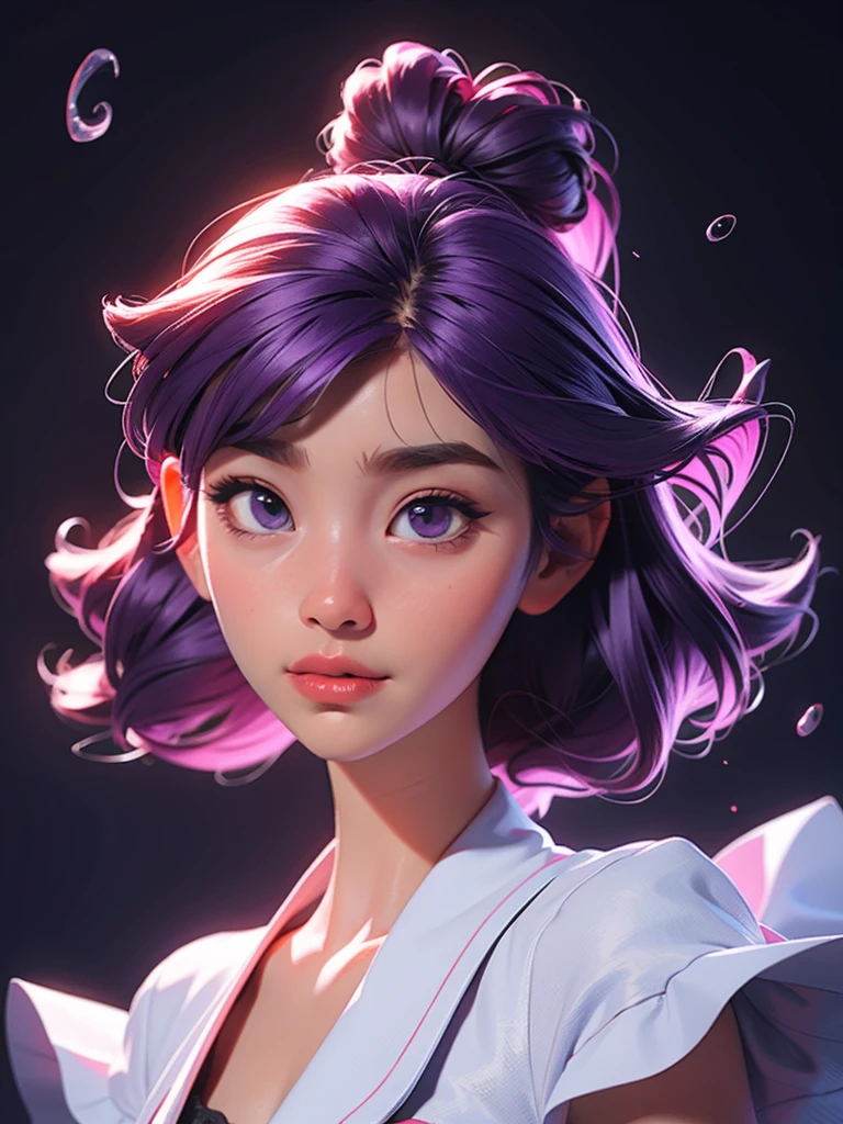 Upper body, dynamic lighting, princess peach, natural lighting, Subsurface scattering, atmospheric perspective, retina, best quality, purple hair, wind blowing, swirls, particles