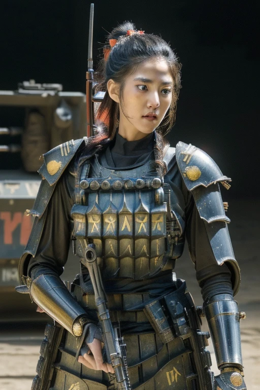 extremely detailed CG unity 32K wallpaper, top quality, masterpiece, raw photo, photorealistic, highest resolution, professional photo, dynamic, cinematic lighting, (Japan in 19th century, science fiction:1.4), steampunk, Edo Period, sharp focus, depth of field, (perfect body, correct anatomy:1.5), intricately detailed face, expressive face, POV, (from front:1.3), 1 girl, Japanese woman, ((female warrior of Tokugawa Shogunate:1.3)), solo, cowboy shot, black hair, ponytail, ultra-realistic skin, detailed skin, tan, (dark and bright eyes:1.4), highly detailed nose and lips, (innocent face:1.2), ((samurai armor:1.5)), (slender, medium breast:1.5), ((powered suit:1.4)), perfect body proportion, he girl's body is highly weaponized, (((in combat with army of a Western Nation:1.2))), (((holding a large machine gun and shooting the machine gun:1.5))), (((outdoor, battlefield, vandalize town, noon:1.3)))