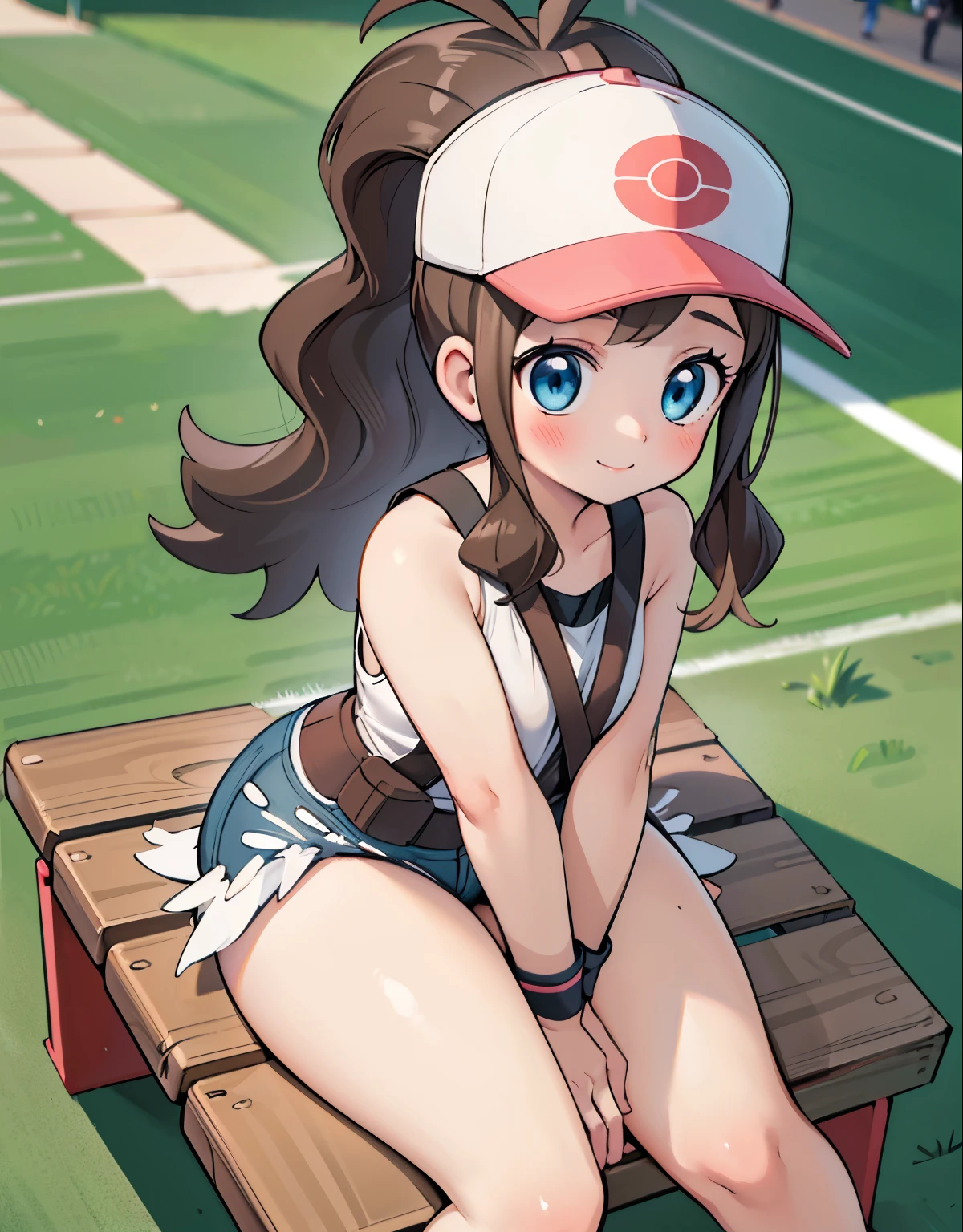 (best quality, highres, masterpiece:1.2), ultra-detailed, realistic:1.37, sketches, hilda pokemon, def1, curvy girl, legs together, curvy, visible thighs, chubby thighs, thighs in the foreground, body shape, sitting in a bench, into a stadium, watched by a crowd of men, they observe her body, vibrant colors, nervous look, fearful, afraid, timorous smile, looking_at_viewer, bis ass, wide hips, fullbody, high angle shot, high angle, she tries to hide her thighs with her hands