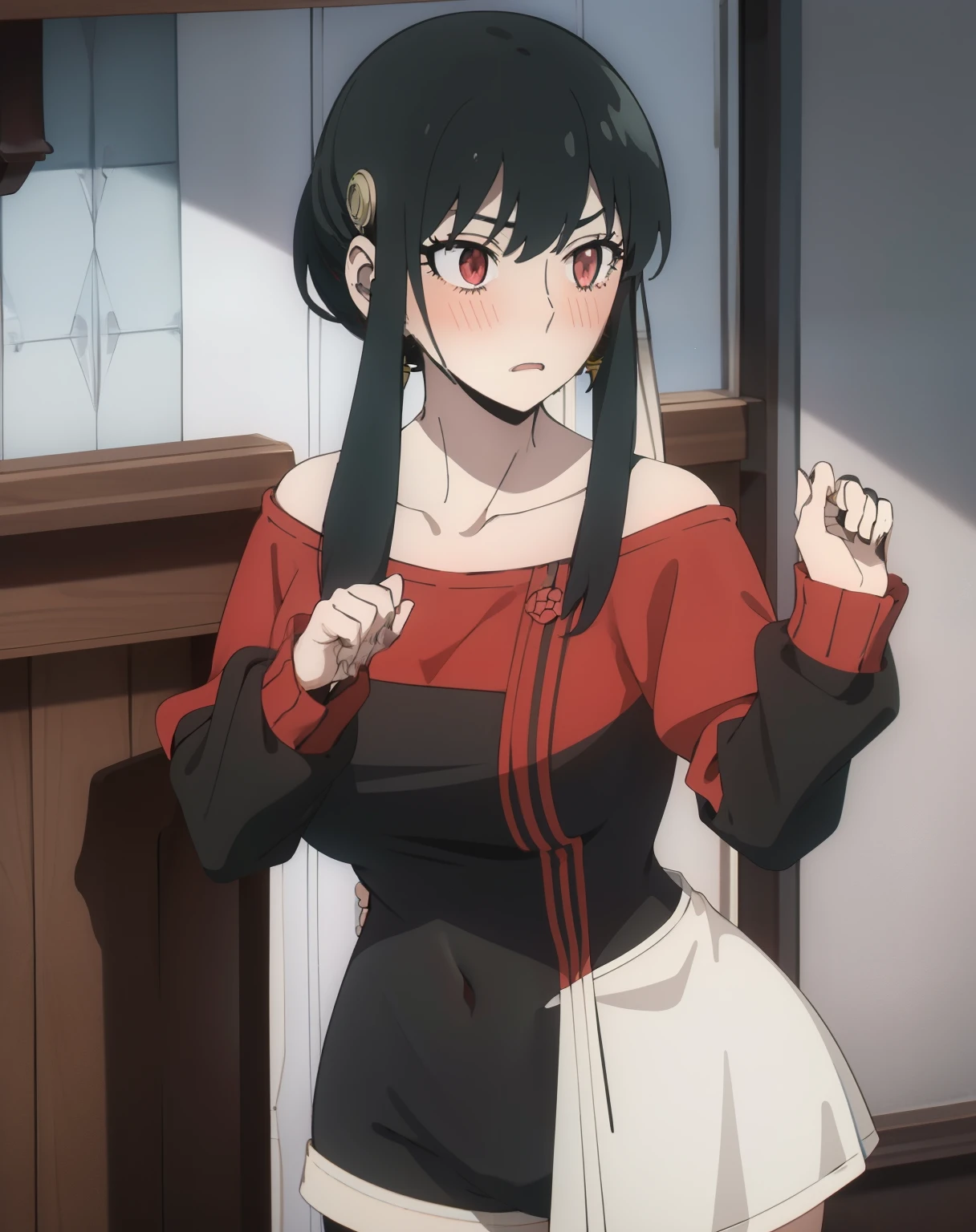 Anime girl with black hair and red shirt posing in a kitchen - SeaArt AI