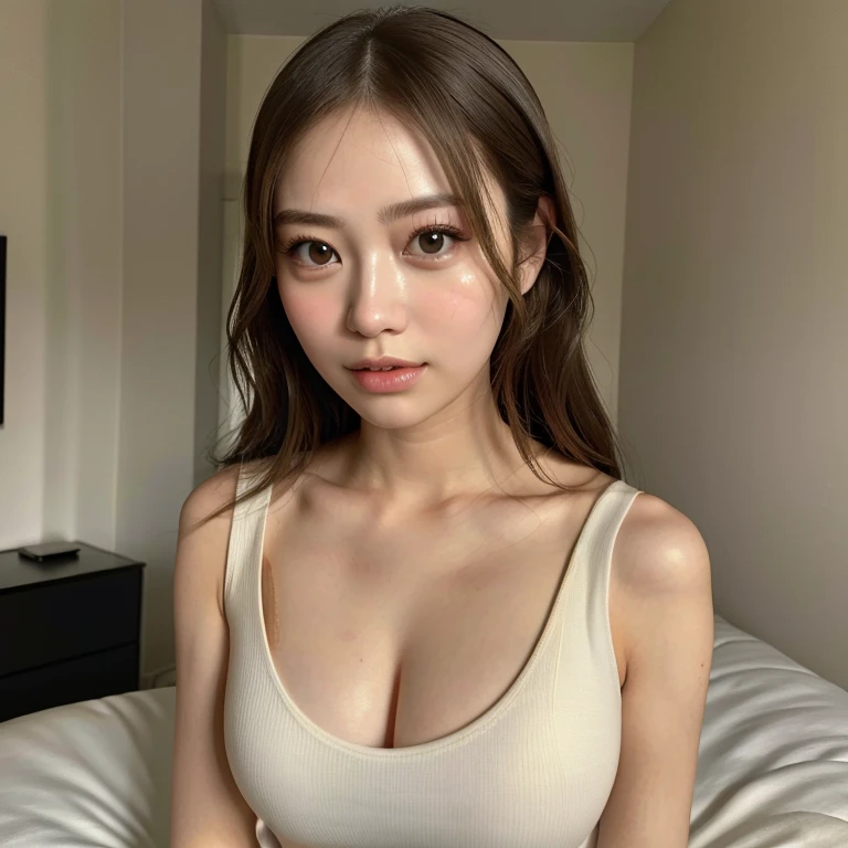 (masterpiece:1.4), (8K, realistic, RAW photo, highest quality: 1.4), Japanese, (1 girl), beautiful face, (realistic face:1.4), (very detailed髪:1.3), beautiful hairstyle, realistic eyes, beautiful and fine eyes, (realistic skin:1.3), beautiful skin, Charm, ultra high resolution, surreal, very detailed, golden ratio, (detailed face:1.4), (Realistic medium breasts:1.4), (tank top),(bed room),woman on top