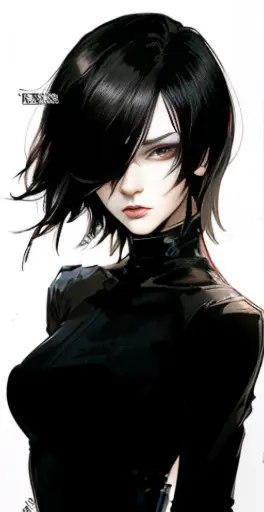 a drawing of a woman with black hair and red eyes, a character portrait inspired by Aaron Nagel, tumblr, gothic art, androgynous...