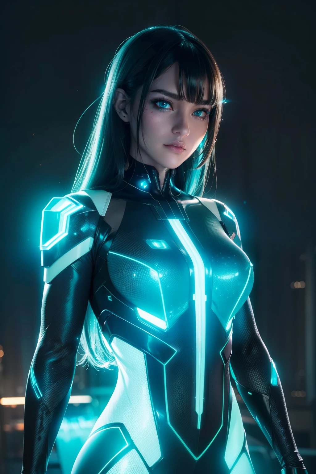 (best quality) cyborg realistic and intricate perfect beauty face, detailed sharp galaxy glowing eyes, detailed face, (((body focus), standing))), (((thin beauty shape))), ((in realistic neon-lit sci-fi plugsuit mech mteal parts)), (masterpiece), 4k, UHD