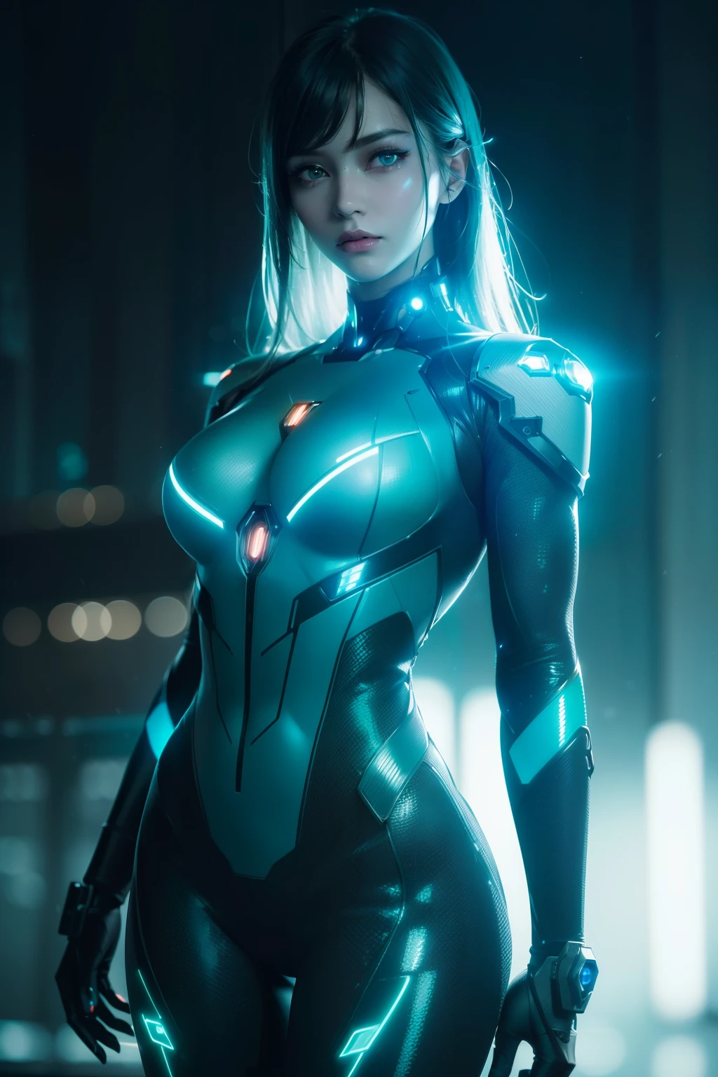 (best quality) cyborg realistic and intricate perfect beauty face, detailed sharp galaxy glowing eyes, detailed face, (((body focus), standing))), (((thin beauty shape))), ((in realistic neon-lit sci-fi plugsuit mech mteal parts)), (masterpiece), 4k, UHD, cinematic illumination 8k, sharp focus, rain of cherry petals