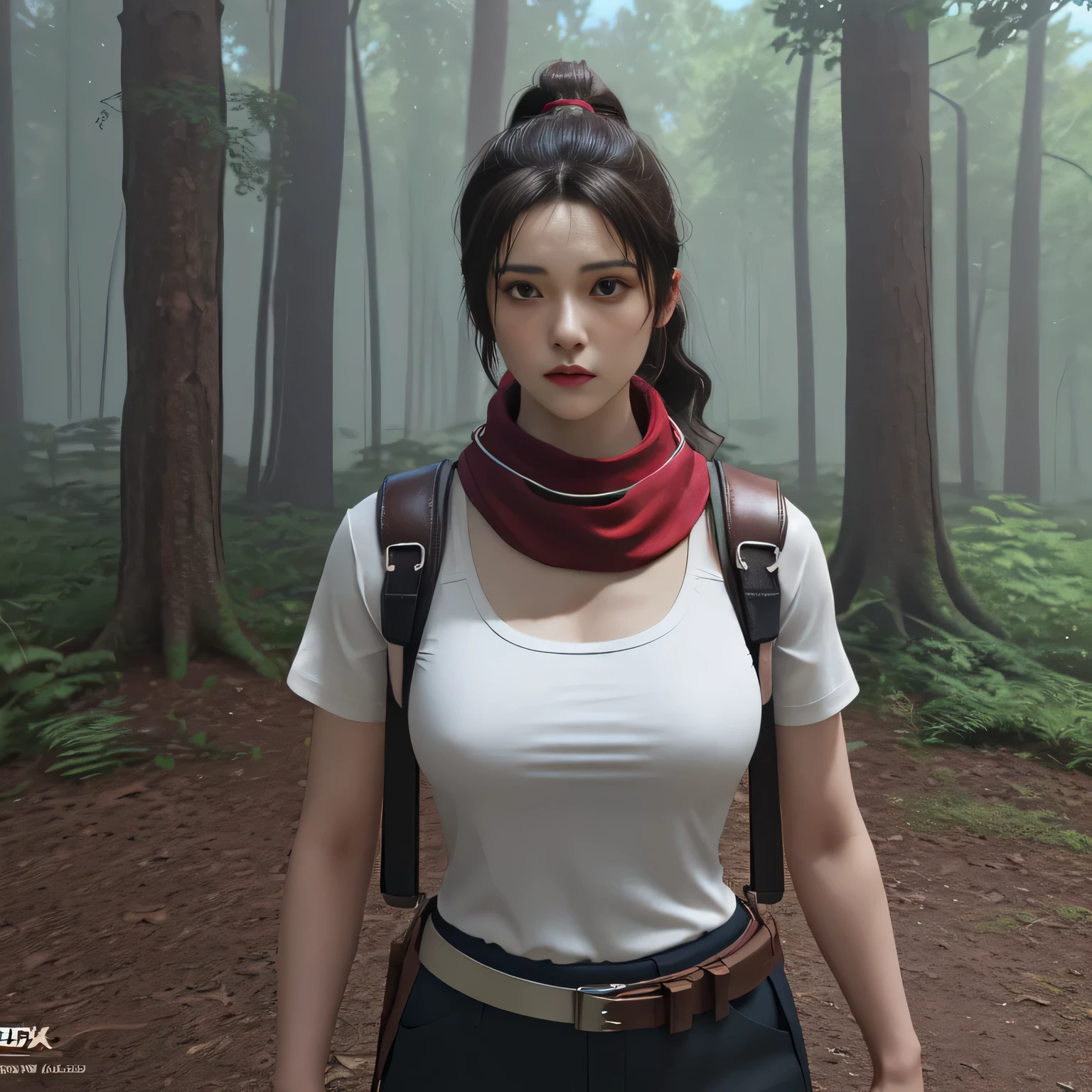 masterpiece, best quality, (solo), 1girl, Prepare for battle,araffe in a white outfit with purple glove, wraith from apex legends, Toned body,Red scarf,Suspenders trousers,white T-shirt,belt, bib shorts,black pants,black shorts,ninja suit,Kunai in the hand,black hair, ponytail，gauntlets, Red scarf, white T-shirt,belt, bib shorts,science_fiction, outdoors, forest, apex legends character, loba andrade from apex legends, apex legends concept art, makoto shinkai ( apex legends ), in style of apex legends, apex legends armor, portrait of apex legends, official character art, single character concept art, female lead character