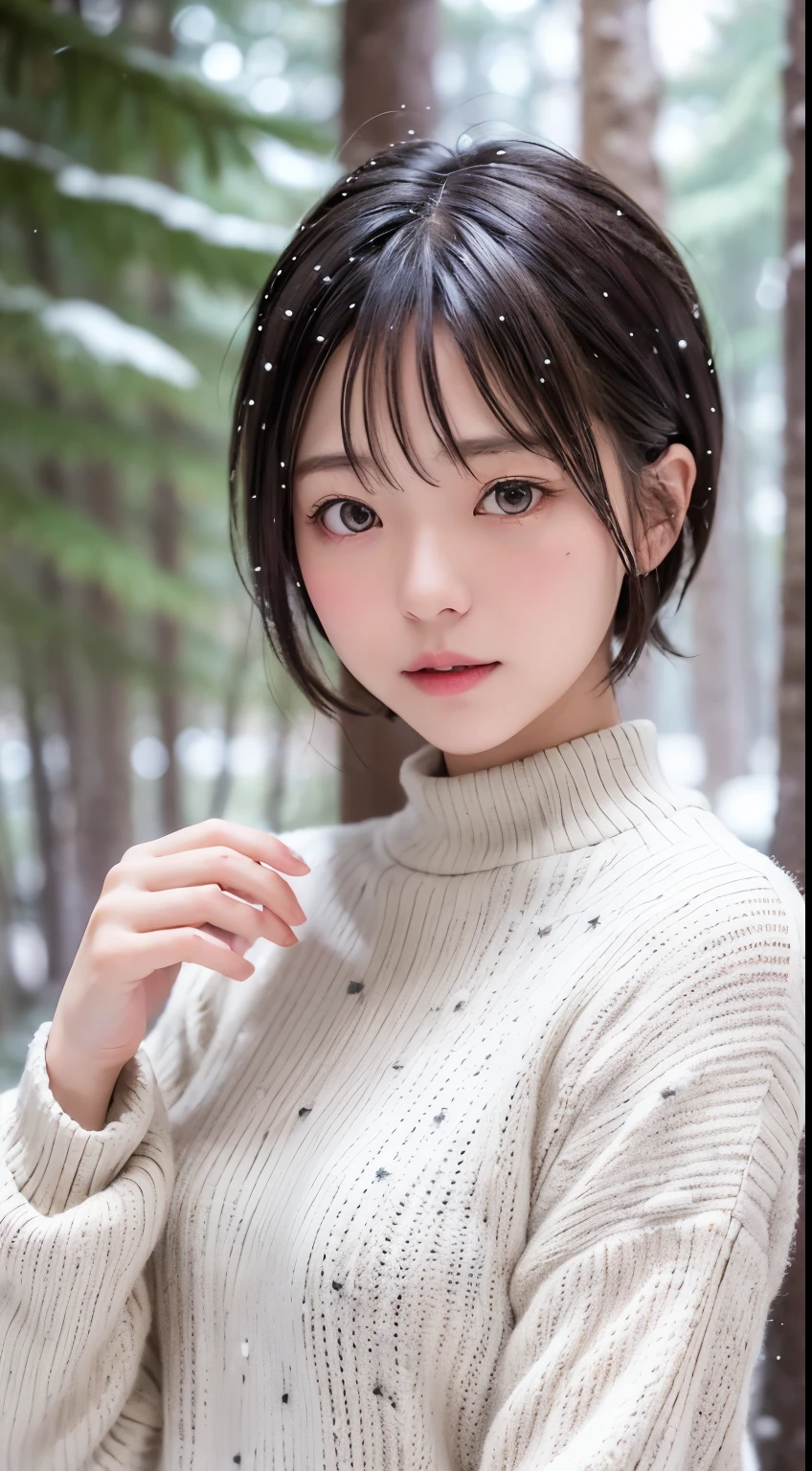 in the snowy forest, japanese girl, wniter knit sweater, snowing,pupils sparkling, silver short hair, realistic Portrait, depth of field, f/1.8, anatomically correct, textured skin, super detail, high details, high quality, super detail, high details, high quality, best quality, highres