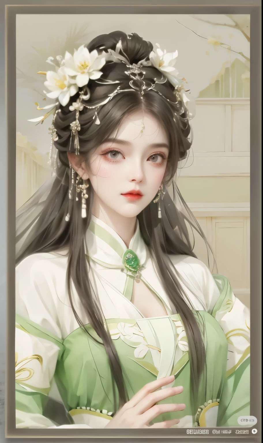 a close up of a woman with long hair wearing a green dress, ((beautiful fantasy queen)), beautiful fantasy queen, beautiful figure painting, Inspired by Qiu Ying, palace ， A girl wearing Hanfu, Inspired by Du Qiong, Inspired by Lan Ying, Inspired by Huang Ji, Hungry Ghost Festival, Inspired by Ma Yuanyu