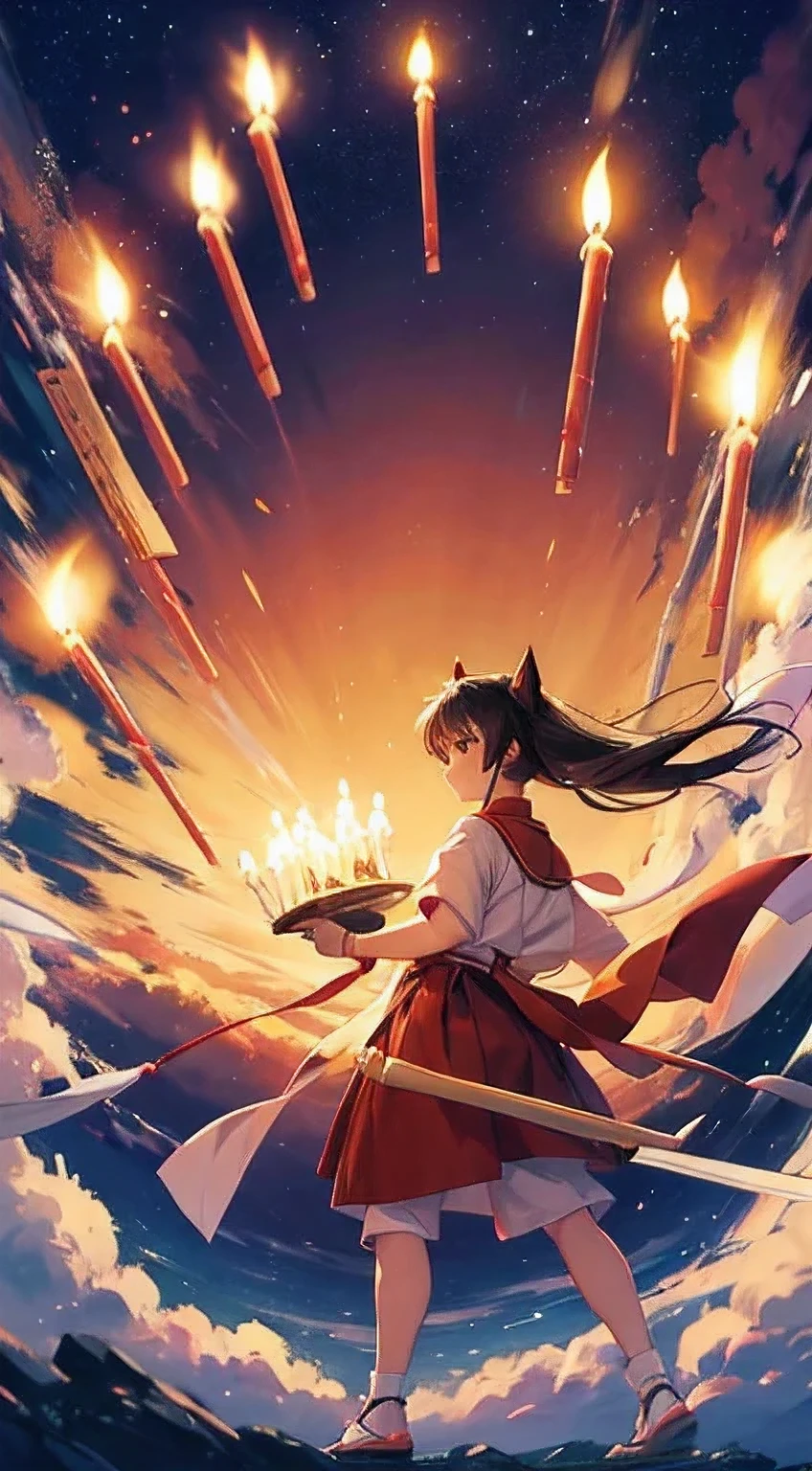 Inuyasha holding a cake with many candles, front view, wide shot, 