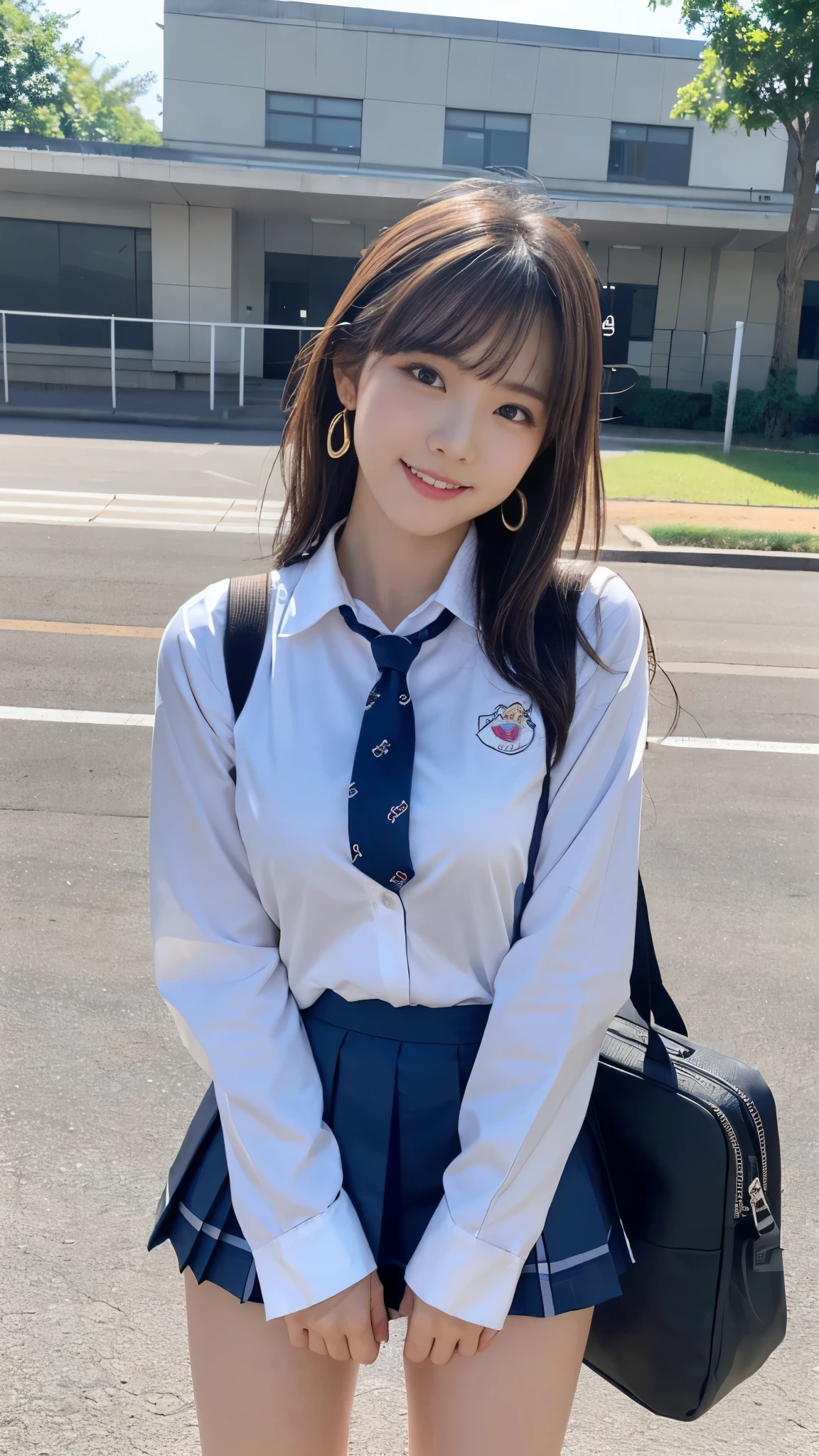 mix 4, (16K, Raw photo, best image quality, masterpiece: 1.45), (realistic, Photoreal: 1.37), one girl, cute, cityscape,, professional lighting, photon mapping, school classroom, Physically based rendering, dark brown hair,ponytail hairstyle, Beautiful well-groomed eyes、((double eyelid))、super cute girl, (((school uniform、blazer、Long-sleeved shirts worn by Japanese high school girls、ribbon tie、Navy blue super super super mini skirt,、dark blue socks、black loafers))), highest quality photos, High resolution, 1080P, (clear face), (Detailed facial description), (detailed description of hands), (masterpiece), (Detailed CG)、extreme light and shadow、messy hair、master work、Rich details、(detailed facial features)、(highest quality photoasseter muscle part)、(detailed eye)、look in front of you、thin clavicle、((slender and big))、(((Japanese high school girls wear long-sleeved shirts)))、((neat idol))、((school gate、schoolyard、School building in the background))、(Take photos from random viewpoints)、(((Anyway it&#39;s cute)))、earrings、big smile、Draw the whole body from the knees、Do not draw fine lines、(((Sports bags used by Japan schoolgirls)))、(small breasts:1.2)、small buttocks with tension、Two arms and two legs、(((from the front:0.7)))、bare hands、(((symmetrical eyes)))、standing pose、put your hands on the desk、Do not remove the tie from the jacket､