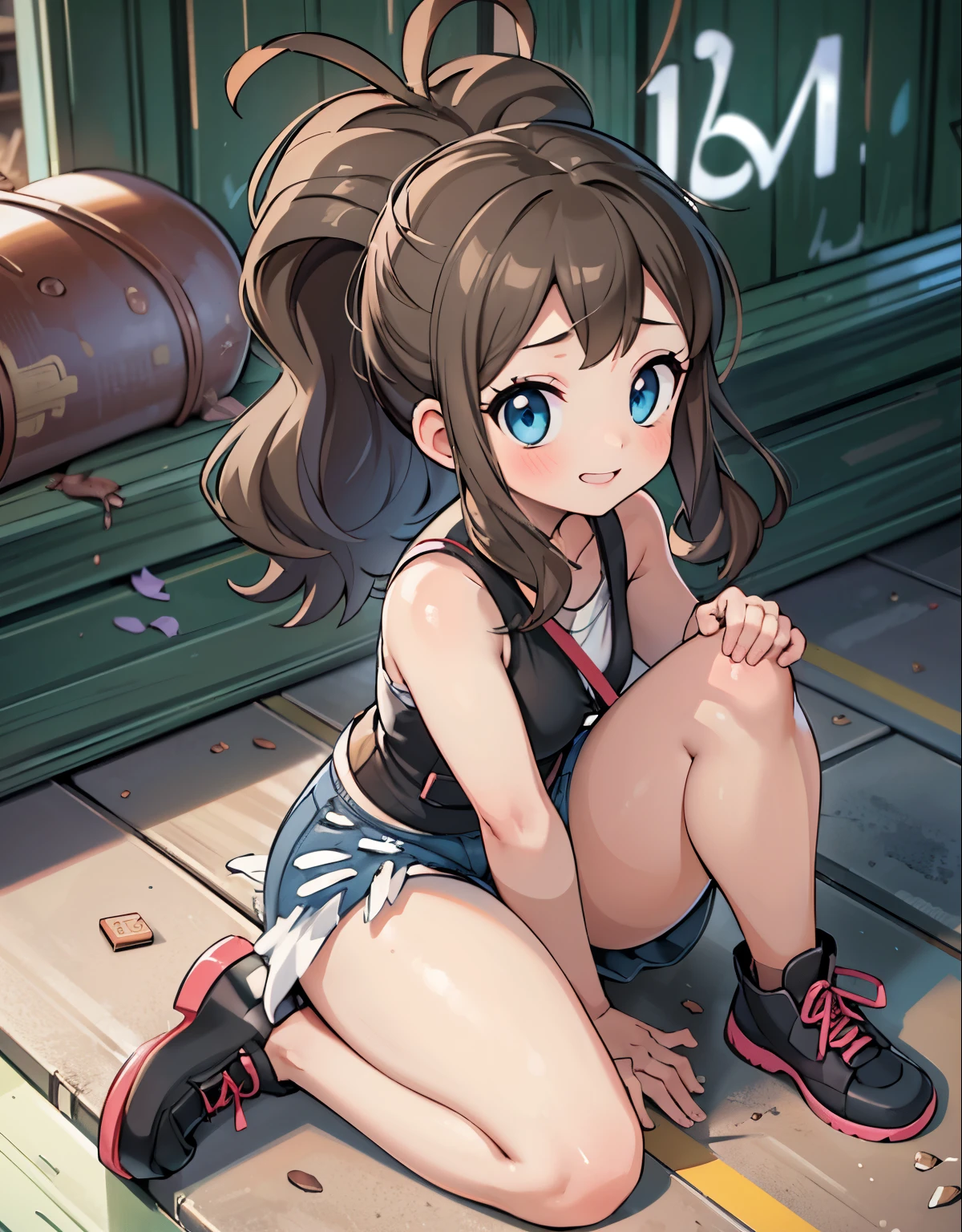 (best quality, highres, masterpiece:1.2), ultra-detailed, realistic:1.37, sketches, hilda pokemon, def1, curvy girl, legs together, curvy, visible thighs, chubby thighs, thighs in the foreground, body shape, sitting in a bench, Alone in a abandoned warehouse, dirty place, beer bottles, trash on the floor, graffiti on the wall, watched by a crowd of men, they observe her body, vibrant colors, nervous look, fearful, afraid, timorous smile, looking_at_viewer, bis ass, wide hips, fullbody, high angle shot, high angle, she tries to hide her thighs with her hands