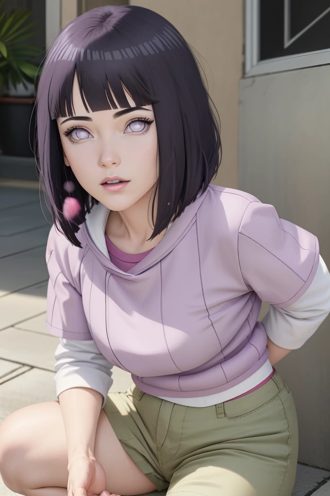 master part, absurdos, Hinata\(Boruto\), 1girl, sozinho,Mature female, Capuz roxo,mangas em camadas, brown pants, ao ar livre, Cloudy sky, perfect composition, circunstanciado lips, peito grande, beautiful face, body propotion, corar, (pink lips), cabelos pretos curto (black hair), lilac eyes, olhar suave, super realistic, circunstanciado, Photo Session, rosto e corpo realistas, Realistic hair, olhos realistas, nariz realista, realistic lips, brown pants, anime, Dancing lightly. On your back, with your chin under your shoulder, looking back sensually, sexy smile, closed mouth. Different Pose.