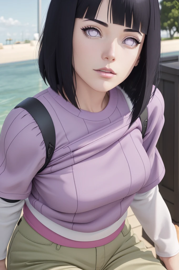 master part, absurdos, Hinata\(Boruto\), 1girl, sozinho,Mature female, Capuz roxo,mangas em camadas, brown pants, ao ar livre, Cloudy sky, perfect composition, circunstanciado lips, peito grande, beautiful face, body propotion, corar, (pink lips), cabelos pretos curto (black hair), lilac eyes, olhar suave, super realistic, circunstanciado, Photo Session, rosto e corpo realistas, Realistic hair, olhos realistas, nariz realista, realistic lips, brown pants, anime, Dancing lightly. On your back, with your chin under your shoulder, looking back sensually, sexy smile, closed mouth. Different Pose.