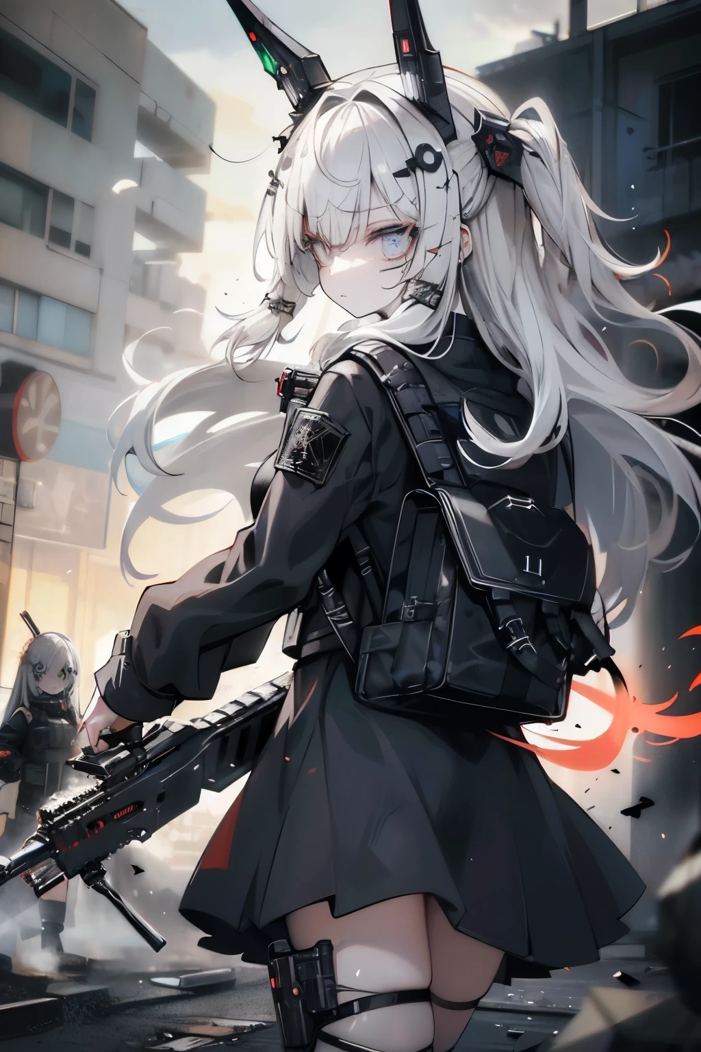 Anime girl with gun and cat ears in a city - SeaArt AI