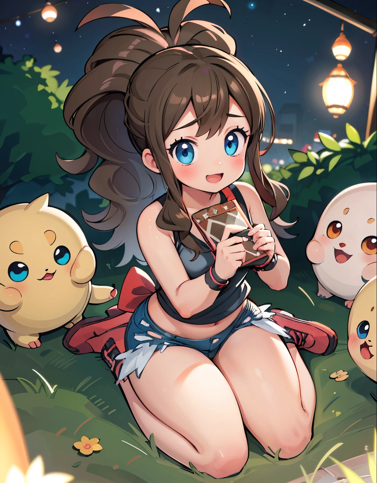(best quality, highres, masterpiece:1.2), ultra-detailed, realistic:1.37, sketches, hilda pokemon, def1, curvy girl, legs together, curvy, visible thighs, chubby thighs, thighs in the foreground, body shape, sitting in a bench, into a night club, birthday cake, watched by a crowd of men, they observe her body, vibrant colors, nervous look, fearful, afraid, timorous smile, looking_at_viewer, bis ass, wide hips, fullbody, love letter, high angle shot, high angle, she tries to hide her thighs with her hands