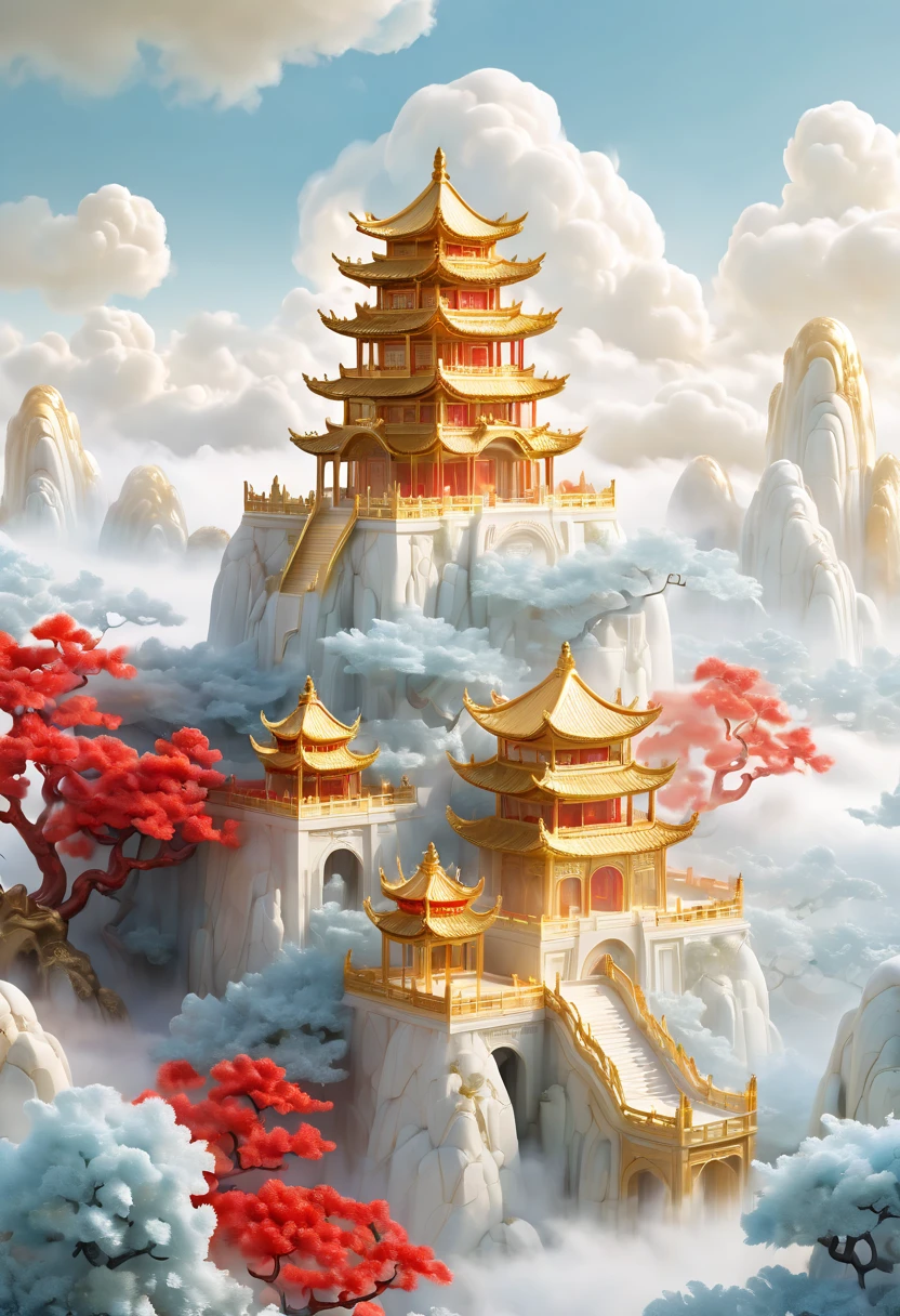 Gold and red, A palace in the sky, Chinese jade, Golden palace, white clouds, fairyland,
mist, big scene, in the style of deep white and gold and light sky blue, layered fibers,
organic carving, focus stack, vista