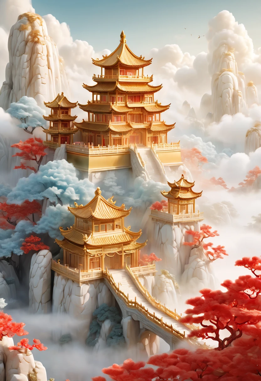 Gold and red, A palace in the sky, Chinese jade, Golden palace, white clouds, fairyland,
mist, big scene, in the style of deep white and gold and light sky blue, layered fibers,
organic carving, focus stack, vista