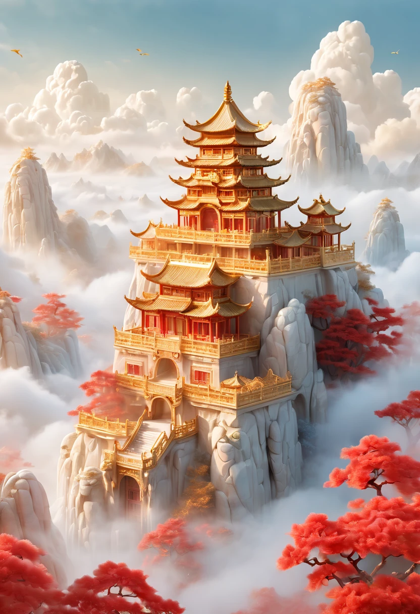 Gold and red, A palace in the sky, Chinese jade, Golden palace, white clouds, fairyland,
mist, big scene, in the style of deep white and gold and light sky blue, layered fibers,
organic carving, focus stack, vista