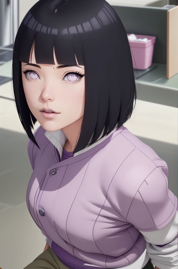 master part, absurdos, Hinata\(Boruto\), 1girl, sozinho,Mature female, Capuz roxo,mangas em camadas, brown pants, ao ar livre, Cloudy sky, perfect composition, circunstanciado lips, peito grande, beautiful face, body propotion, corar, (pink lips), cabelos pretos curto (black hair), lilac eyes, olhar suave, super realistic, circunstanciado, Photo Session, rosto e corpo realistas, Realistic hair, olhos realistas, nariz realista, realistic lips, brown pants, anime, Dancing lightly. On your back, with your chin under your shoulder, looking back sensually, sexy smile, closed mouth. Different Pose.