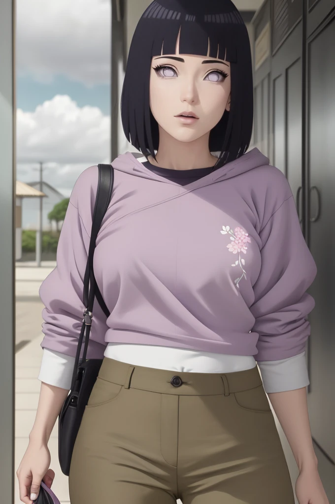 master part, absurdos, Hinata\(Boruto\), 1girl, sozinho,Mature female, Capuz roxo,mangas em camadas, brown pants, ao ar livre, Cloudy sky, perfect composition, circunstanciado lips, peito grande, beautiful face, body propotion, corar, (pink lips), cabelos pretos curto (black hair), lilac eyes, olhar suave, super realistic, circunstanciado, Photo Session, rosto e corpo realistas, Realistic hair, olhos realistas, nariz realista, realistic lips, brown pants, anime, Dancing lightly. On your back, with your chin under your shoulder, looking back sensually, sexy smile, closed mouth. Different Pose.