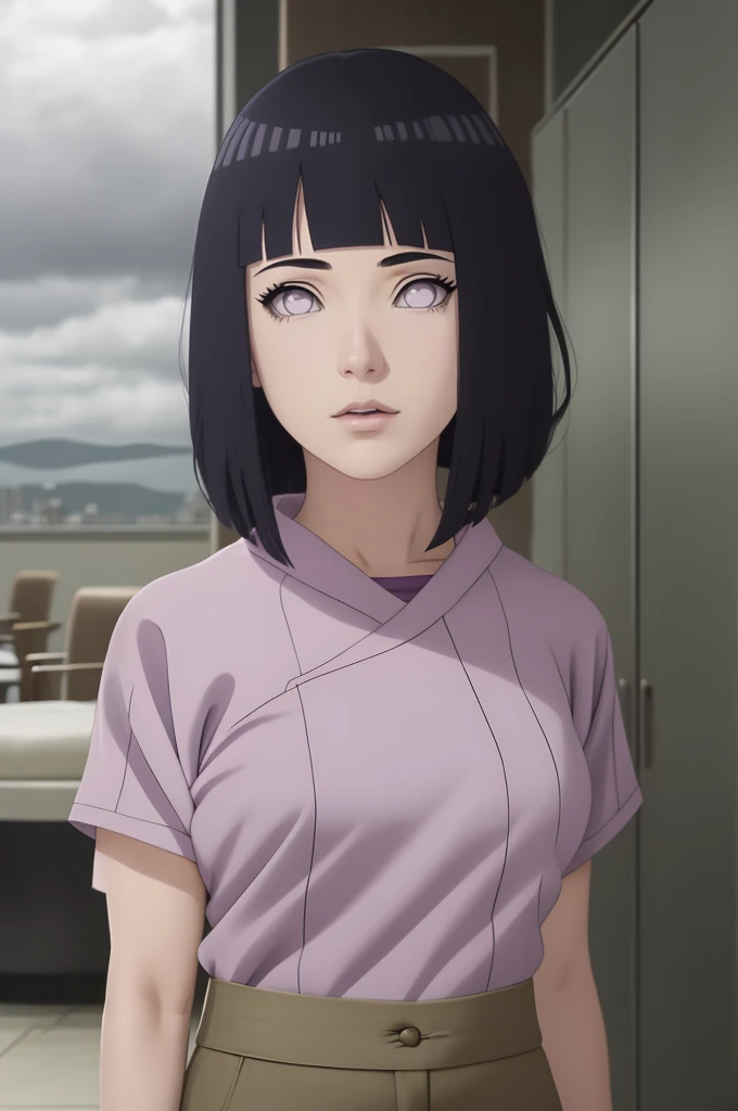 master part, absurdos, Hinata\(Boruto\), 1girl, sozinho,Mature female, Capuz roxo,mangas em camadas, brown pants, ao ar livre, Cloudy sky, perfect composition, circunstanciado lips, peito grande, beautiful face, body propotion, corar, (pink lips), cabelos pretos curto (black hair), lilac eyes, olhar suave, super realistic, circunstanciado, Photo Session, rosto e corpo realistas, Realistic hair, olhos realistas, nariz realista, realistic lips, brown pants, anime, Dancing lightly. On your back, with your chin under your shoulder, looking back sensually, sexy smile, closed mouth. Different Pose.