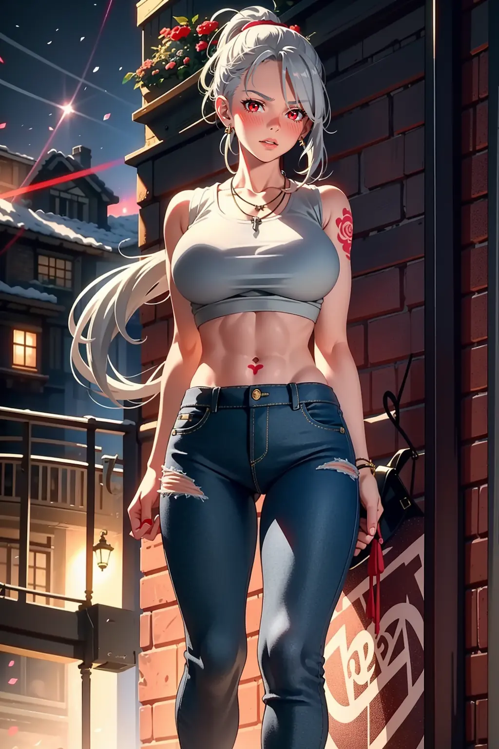 mega realistic, 1girl, solo, ponytail grey hair, red eyes, glowing eyes, crop top, short tight jeans, parted lips, blush, night,...