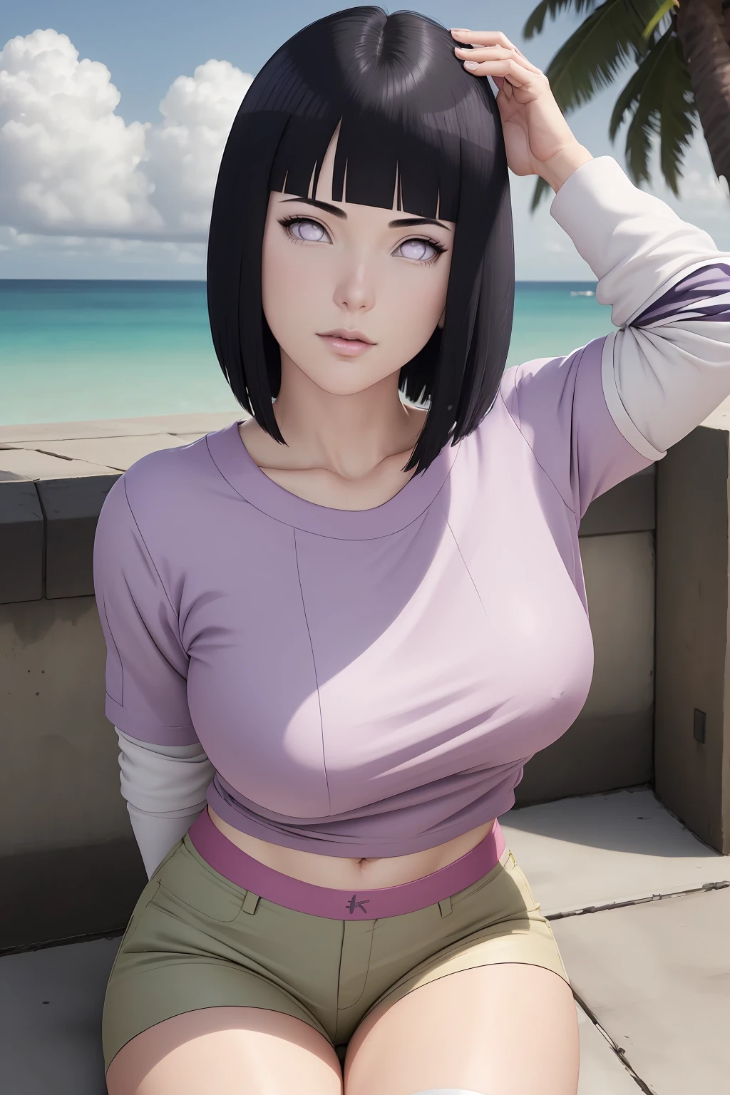 master part, absurdos, Hinata\(Boruto\), 1girl, sozinho,Mature female, Capuz roxo,mangas em camadas, brown pants, ao ar livre, Cloudy sky, perfect composition, circunstanciado lips, peito grande, beautiful face, body propotion, corar, (pink lips), cabelos pretos curto (black hair), lilac eyes, olhar suave, super realistic, circunstanciado, Photo Session, rosto e corpo realistas, Realistic hair, olhos realistas, nariz realista, realistic lips, brown pants, anime, Dancing lightly. On your back, with your chin under your shoulder, looking back sensually, sexy smile, closed mouth. Different Pose.