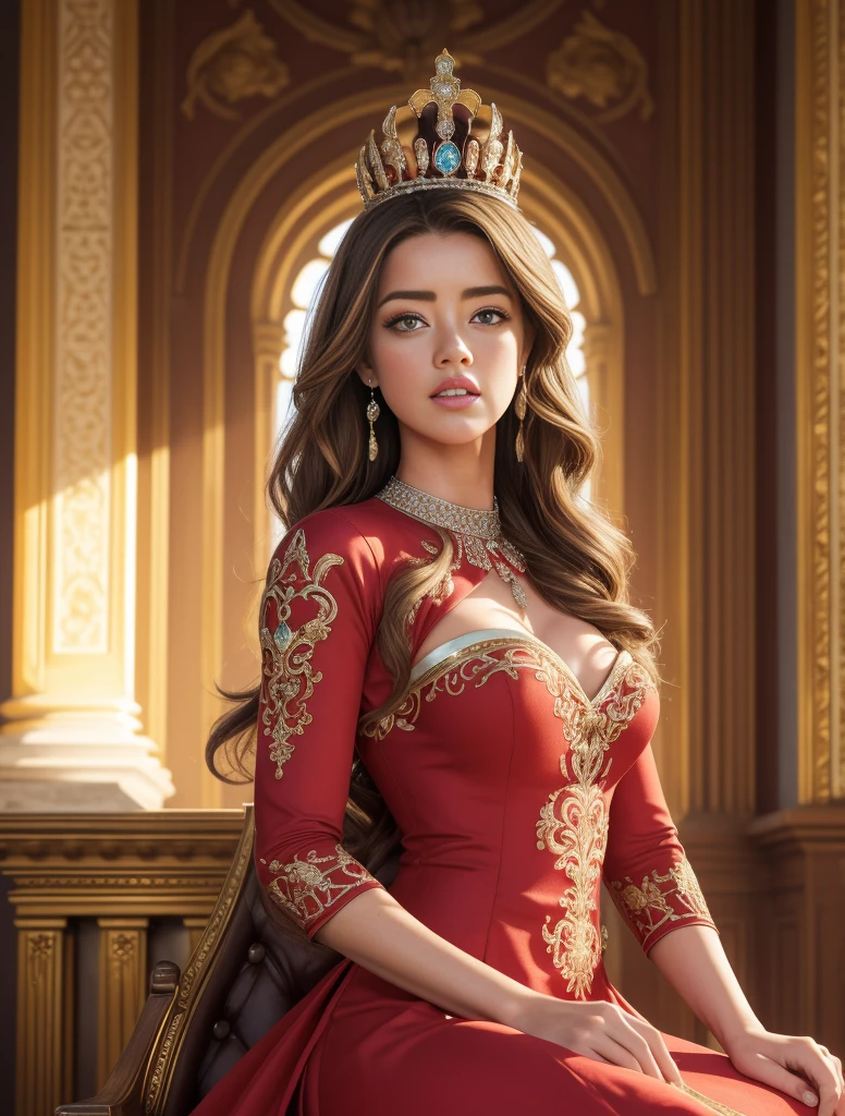 ((portrait, sitting on throne)), (whole body),(Best Quality,4k,8k,high resolution,masterpiece:1.2),ultra detailed,(realist,photorealist,photo-realist:1.37),(1 girl),(28years),(((AMBER HEARD:1.2))),(((excella_er5:1.2))),(Sharp focus:1.5),pearl skin,(skin pores:1.1),extremely detailed face and skin texture,(skin texture:1.1),by rubio,tall and slender body,(192 cm tall),slim and delicate figure,Elegant posture,Strong, defined muscles,Perfect skin,defined abs,perfect curves,feminine appearance,Beautiful long legs,embodying elegance and beauty,cleavage breasts,((wearing a (red) dress), (dress DE PRINCESA)),(dress LARGO CORTE PRINCESA CON ENCAJE), (dress ELEGANTE), (BARE SHOULDER COVER CUT TAIL CHILD LACE),vibrant colors,extremely detailed and realist clothes,(showy),(film grain:1.3),portrait,beautiful detailed eyes,beautiful detailed lips,jeweled crown,elegant diamond necklace,flowing curly hair,royal vestido with intricate patterns,peaceful expression,soft lighting,subtle colors,ROYAL PALACE in the background,ELEGANT THRONE,SCORTS,gentle breeze.