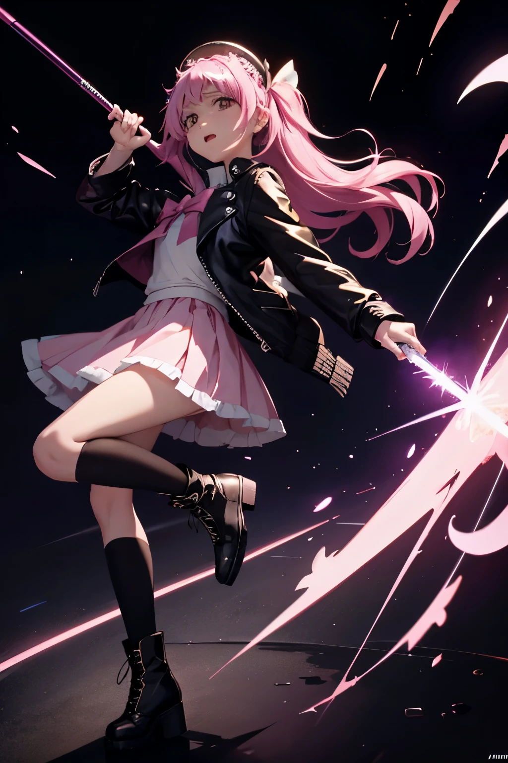 best quality,masterpiece,, 《Magical girl Madoka》Madoka in the middle is wearing a black leather jacket and combat boots, holding a magic wand, The expression on his face was cold.