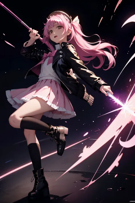 best quality,masterpiece,, 《Magical girl Madoka》Madoka in the middle is wearing a black leather jacket and combat boots, holding...