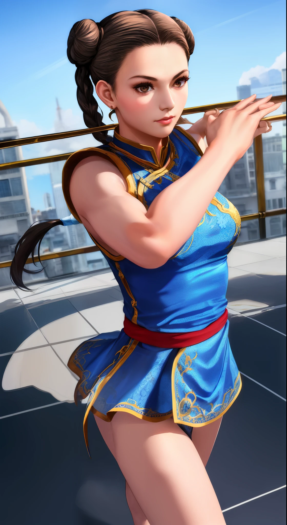 Paichang, Blue ribbon ponytail, brown eyes, double bun,bright hair,Kungfu pose standing, alone , ,  combat readiness, 
Paiati,White Mini Cheongsam, band, mini skirt、white panties、, sleeve less,
marble floor, blue sky, cloudy, evening,
(Extremely detailed, beautiful detailed face, masterpiece, highest quality)    