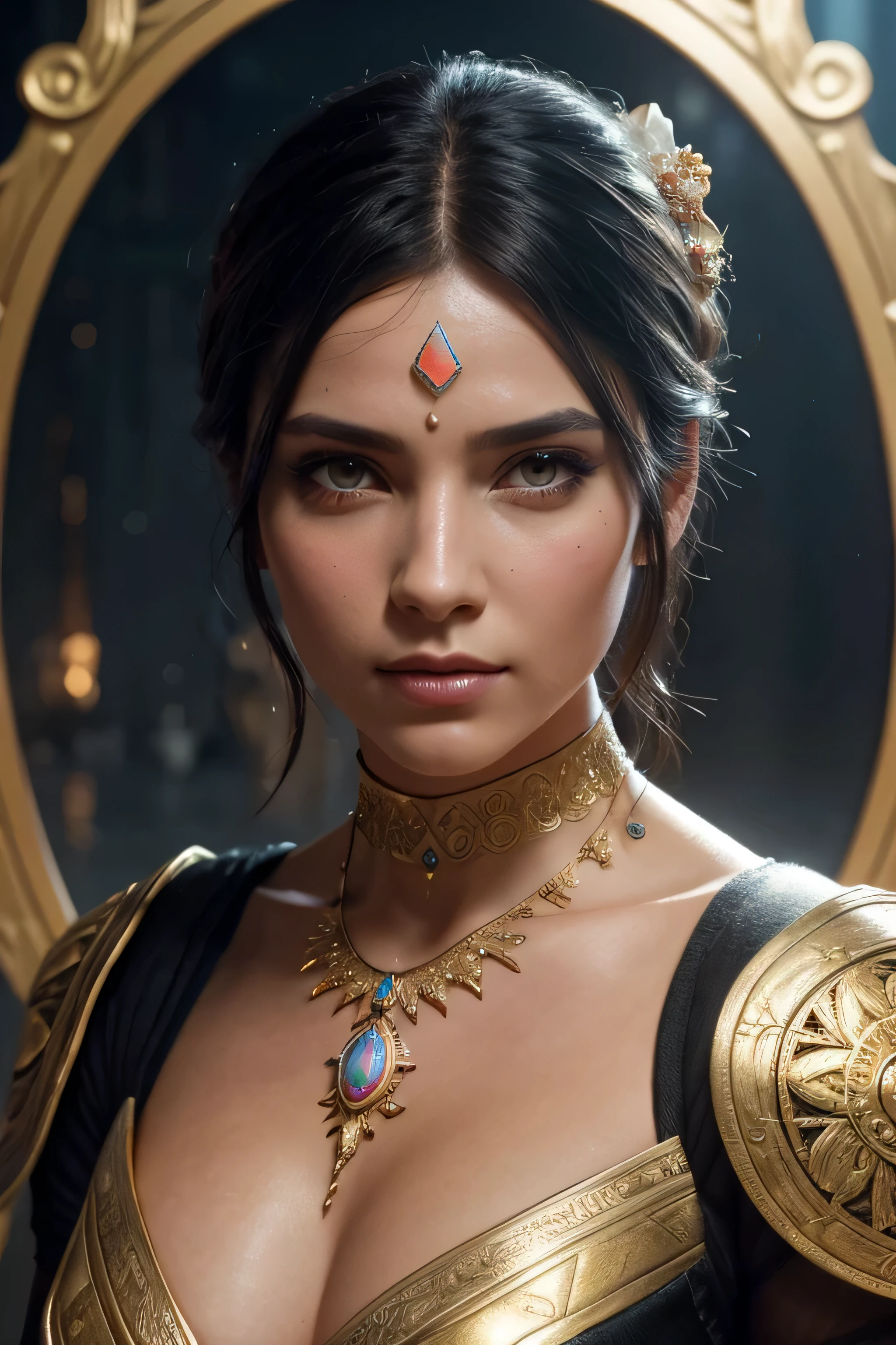 a woman as a beautiful goddess, black hair, (assassins creed style:0.8), pink and gold and opal color scheme, beautiful intricate filegrid facepaint, intricate, elegant, highly detailed, digital painting, artstation, concept art, smooth, sharp focus, illustration, art by greg rutkowski and alphonse mucha, 8k, face detail,  A place taken by a flood with everyday objects floating in the water, half body in water, light moon,Masterpiece, Best quality, sky, hilltop, sharp face, short hair, ultra detail hair, Pupil of the slit ,perfect breast, ultra detail, Masterpiece, best quality, 8k arnold, volumetric lighting, volumetric shadows, ultra face detail,sharp face, ultra realistic face,