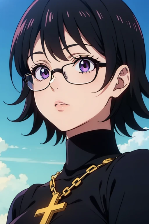 Shizuku Murasaki, 1girl, cute, black hair, short hair, glasses, expressionless, huge breast, ((tight black turtleneck long sleeve)), (upper body, looking at view, from below), (masterpiece, high resolution, best quality, anime colored, anime screencap, 8k, photorealistic), denim, inverted cross chain necklace, (perfect detailed anatomy, beautiful detailed eyes&hair, beautiful face&skin, shiny clothes), sunshine outdoors