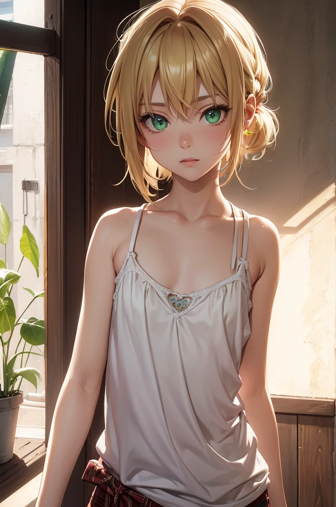 1 girl, fgomordred, modred, (green eyes:1.5), blonde hair, ponytail, short hair, scrunchie, red scrunchie, hair scrunchie, (small chest:1.2), BREAK blonde hair, white camisole,camisole, stading, BREAK looking at viewer, BREAK bedroom, BREAK (masterpiece:1.2), best quality, high resolution , unity 8k wallpaper, (artwork: 0.8), (beautiful detailed eyes: 1.6), extremely detailed face, perfect lighting, extremely detailed CG (perfect hands, perfect anatomy),