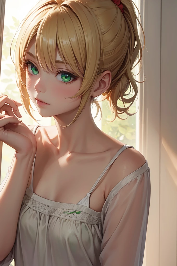 1 girl, fgomordred, modred, (green eyes:1.5), blonde hair, ponytail, short hair, scrunchie, red scrunchie, hair scrunchie, (small chest:1.2), BREAK blonde hair, white camisole,camisole, stading, BREAK looking at viewer, BREAK bedroom, BREAK (masterpiece:1.2), best quality, high resolution , unity 8k wallpaper, (artwork: 0.8), (beautiful detailed eyes: 1.6), extremely detailed face, perfect lighting, extremely detailed CG (perfect hands, perfect anatomy),