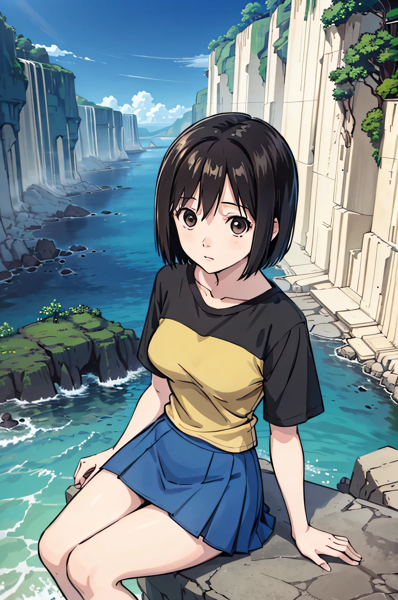 highest quality、High resolution、masterpiece、nakahara_misaki, ((two-tone shirt)), mini skirt, outdoor, ((observitory)), On the cliff, sitting, (Tojin Fan)、beautiful background、observitory公園のベンチ、alone、lonely look、sea in the background、karst landform、steep cliff