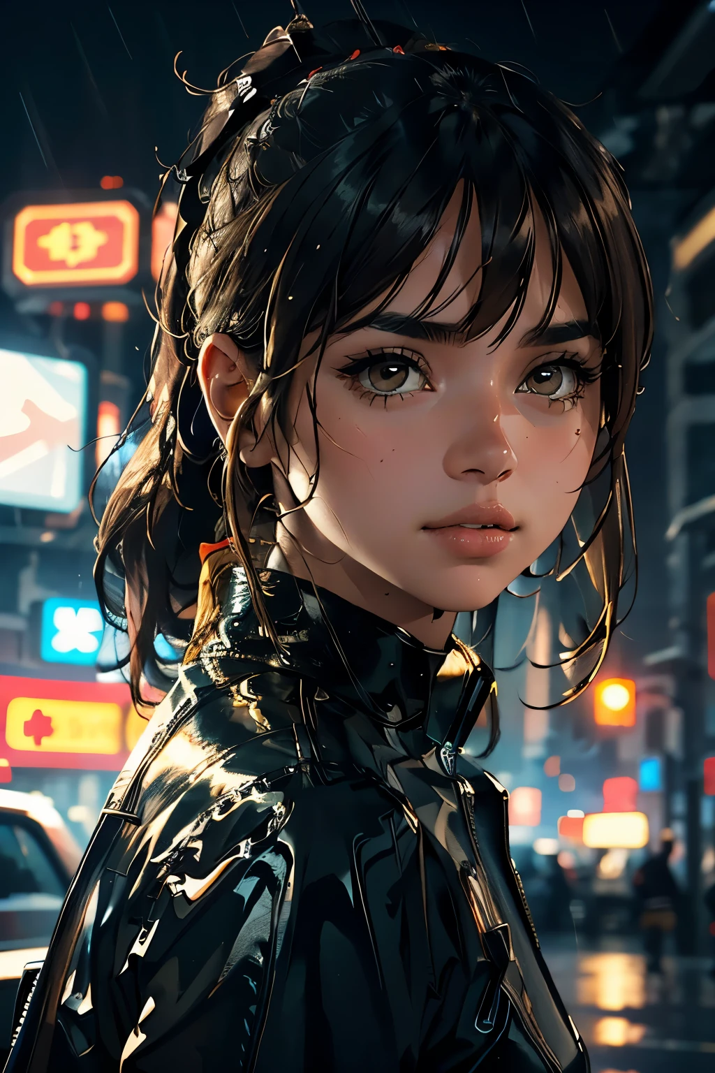 1girl, Brown skin, blonde ponytail, brown eyes, wearing a bulletproof vest, black long shorts, day time, nike shoes, the city street, cyberpunk, The ground was wet with rain, fall, during afternoon, Neon signs, Beautiful, absurderes, A high resolution, ultrasharp, 8K, Masterpiece, pretty face, big lips, looking at viewer, holding a submachine gun