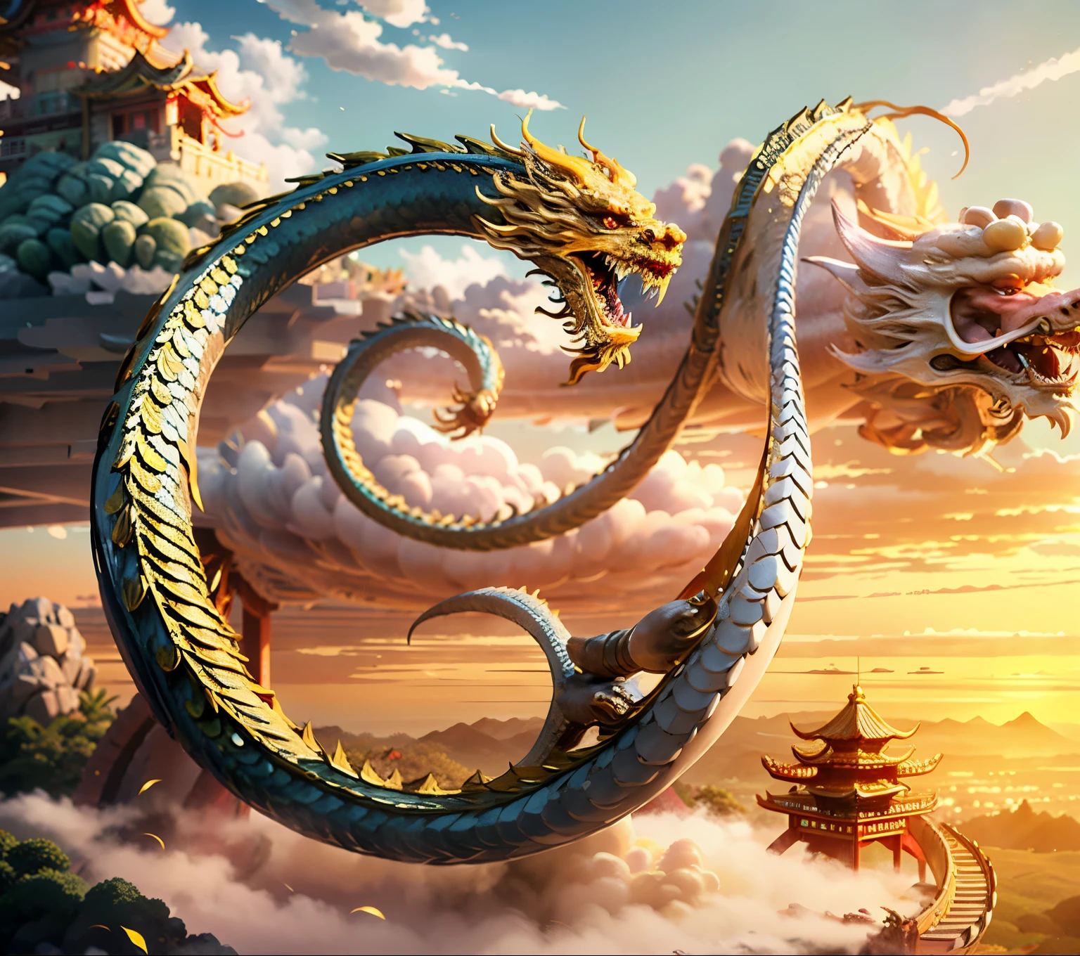 （（best qualtiy））， （（tmasterpiece））， （A detailed）, A Golden {Chinese Dragon}，in a panoramic view，Chinese loong，mythological beasts，photorealestic，mito，chinesedragon，Quaint，Bio mech， perched on a cloud，Chinese architecture，mistic，Homem-Imponente