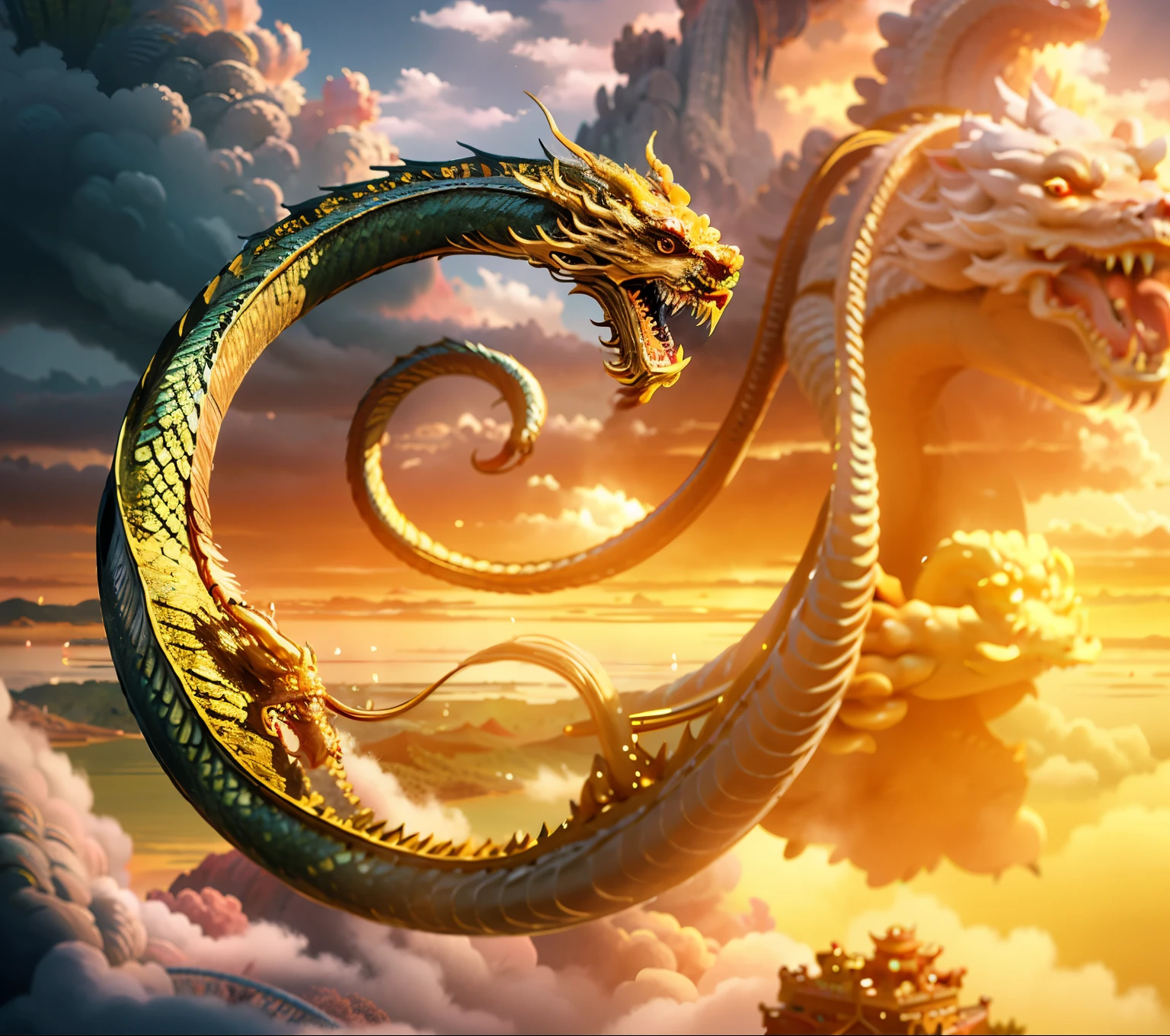（（la mejor calidad））， （（obra maestra））， （Un detallado）, Un oro {Dragon Chino}，en una vista panorámica，Loong chino，bestias mitologicas，photorealestic，mito，Dragon Chino，Pintoresco，biomecánico， posado en una nube，arquitectura china，MÍSTICO，Hombre imponente